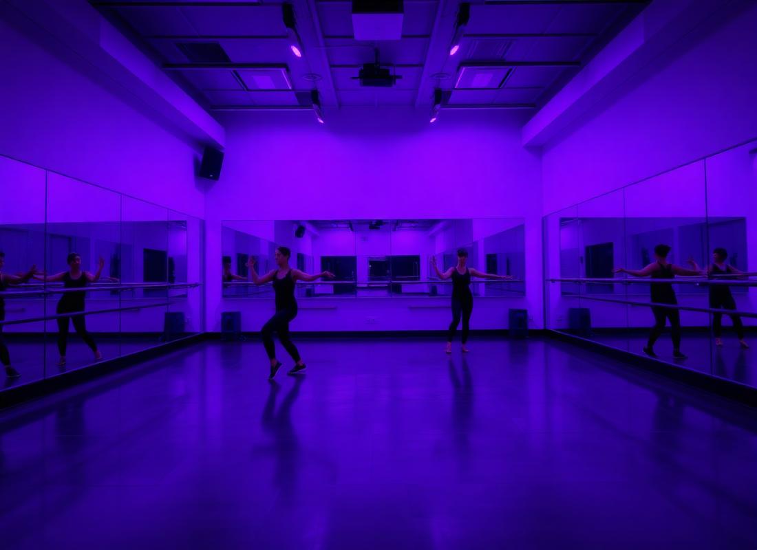 Estudio de danza con luces violetas